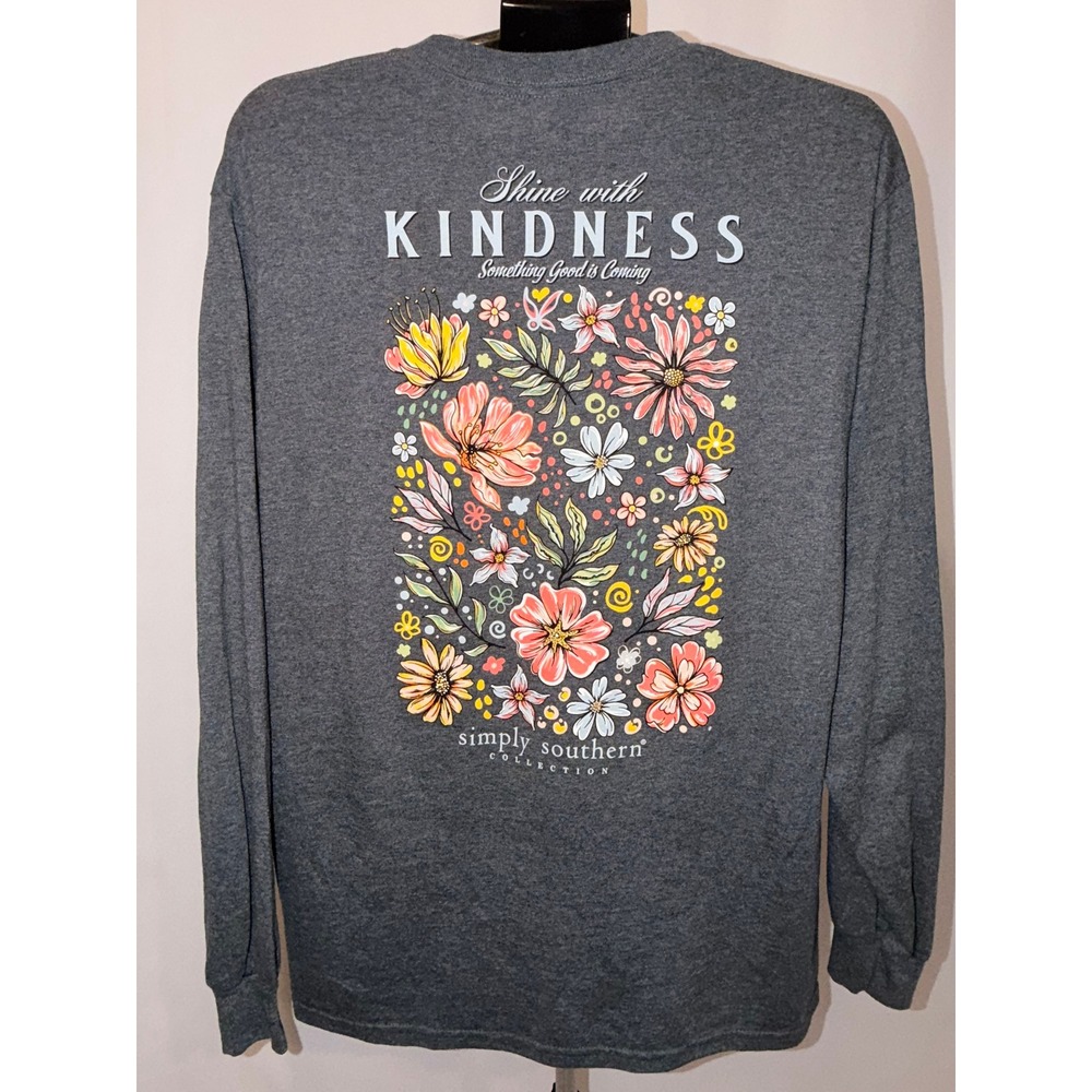 Simply Southern Long Sleeve Tee Grey Floral Shine with Kindness Womens Large